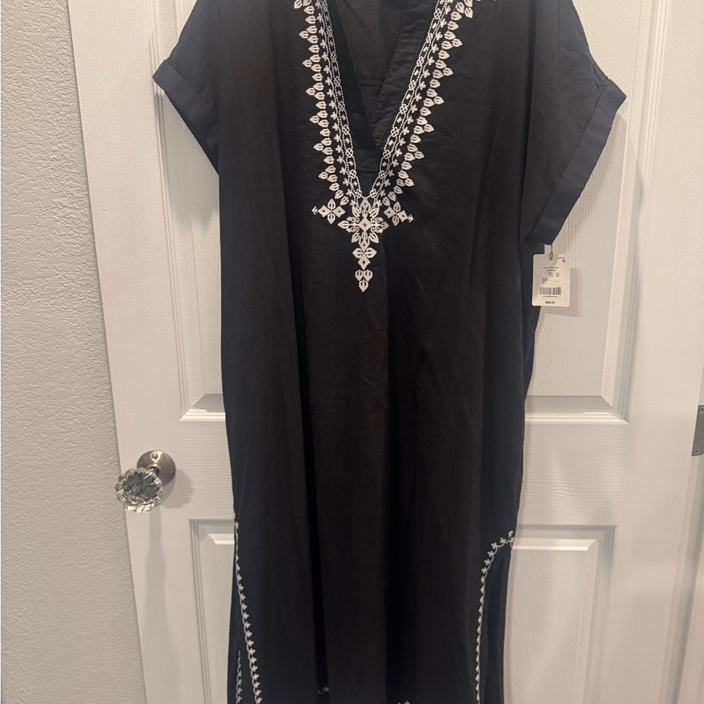 Black Embroidered V-Neck Maxi Caftan